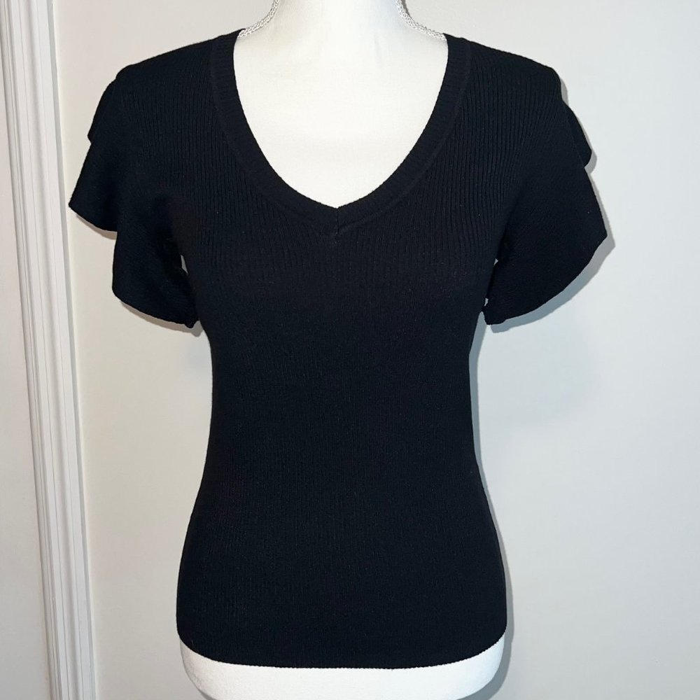 Philosophy Republic Clothing Black Ruffle Cap Sleeve Ribbed V-Neck Top Sz M